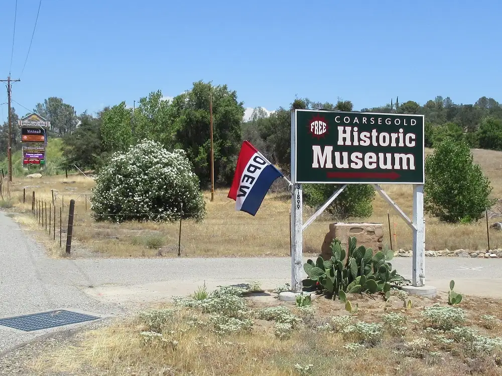 A rural scene with a prominent sign in the foreground that reads, "FREE COARSEGOLD Historic Museum." The sign is mounted on white wooden posts, with an American flag-style banner below it displaying the word "OPEN." In front of the sign is a patch of cactus plants, surrounded by dry grass and white flowering shrubs. To the left, a paved road with a wire fence runs parallel, leading to a secondary sign in the distance for various businesses, although they're not fully legible. The area is surrounded by trees and a few low hills under a clear blue sky.
