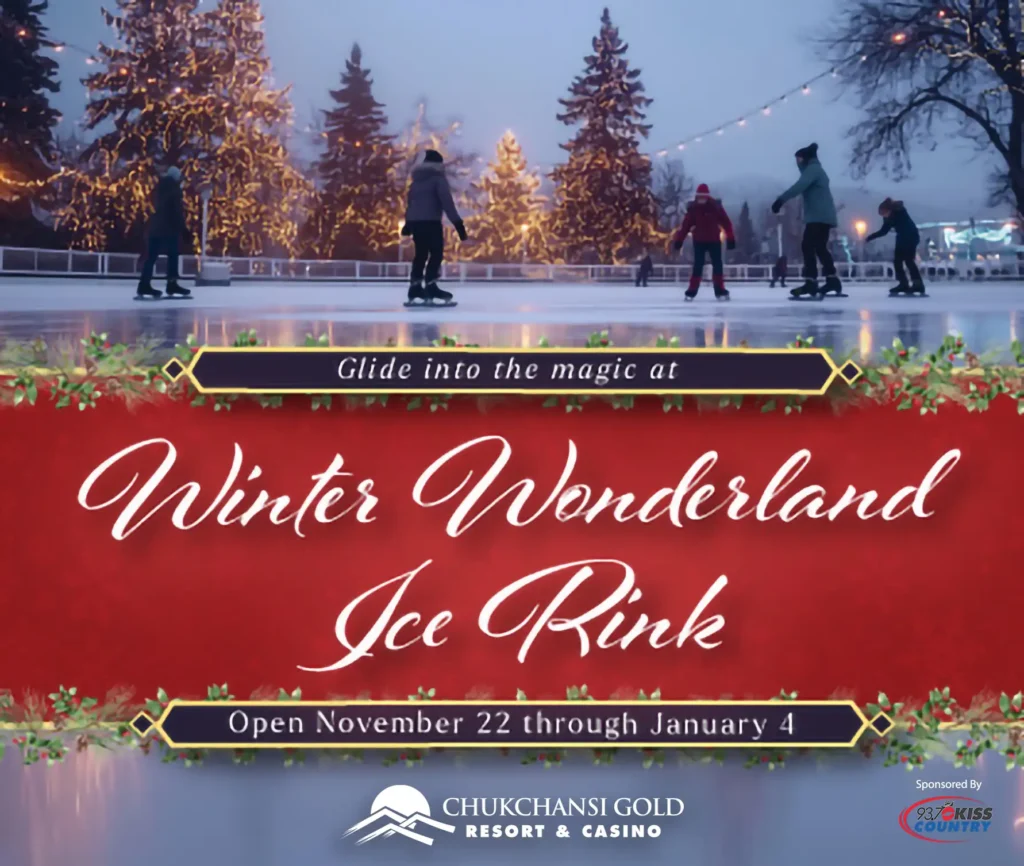  Promotional graphic for Winter Wonderland Ice Rink featuring people ice skating on an outdoor rink. A logo in the bottom right corner reads: Sponsored by 93.7 Kiss Country.